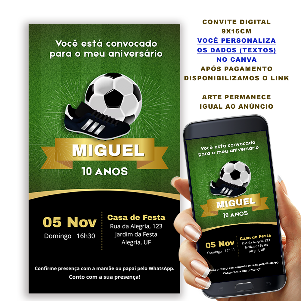 Convite Futebol com Bola - Editável no Canva 1 Convite Futebol com Bola - Canva