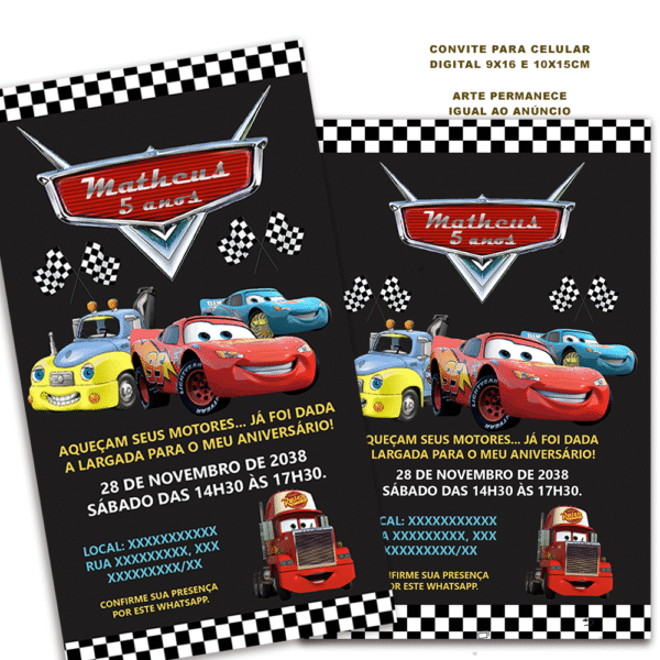 Convite do Relampago Mcqueen Carros