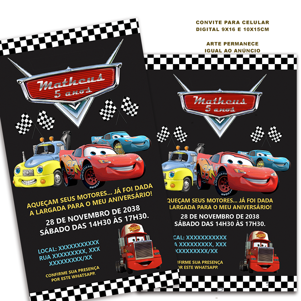 Convite do Relampago Mcqueen Carros